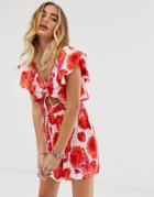 Sacred Hawk Romper With Ruffle Detail In Floral - Red