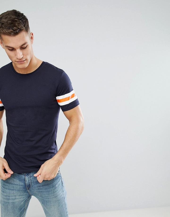 Only & Sons Longline T-shirt With Stripe Sleeve Detail - Navy