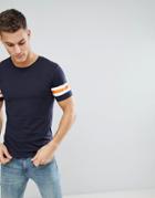 Only & Sons Longline T-shirt With Stripe Sleeve Detail - Navy