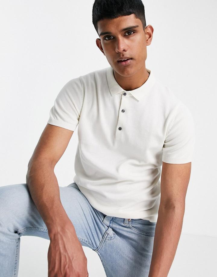Jack & Jones Premium Knitted Polo In Ecru-white