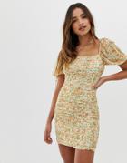 Skylar Rose Ruched Mini Dress With Balloon Sleeves In Ditsy Floral - White