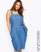 Asos Curve Denim Cami Midi Dress With Tie Waist In Light Wash Blue - Blue