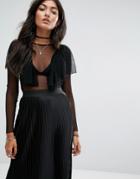 Pull & Bear Ruffle Mesh Blouse - Black