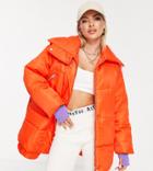 Asyou Oversized Puffer With Contrast Rib Cuff In Orange-red