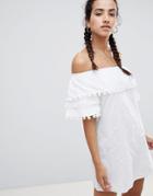 Prettylittlething Pom Trim Bardot Dress - White