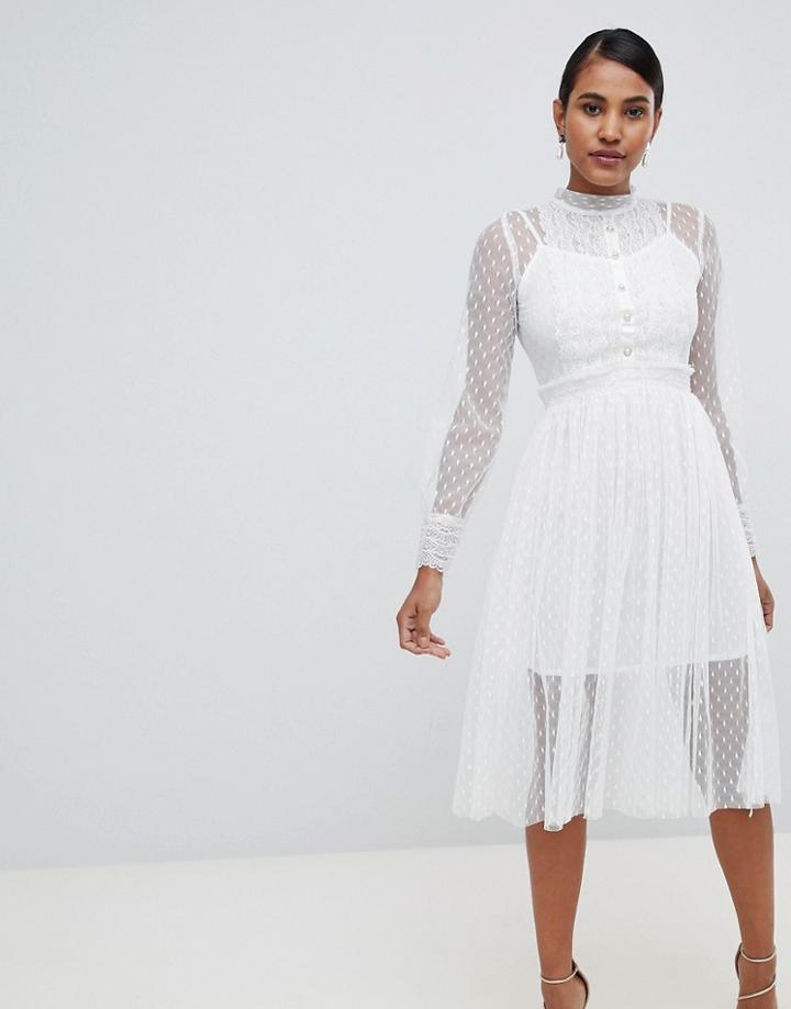 Tfnc Long Sleeve Lace Midi Dress With Pleat Detail - White