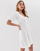 Asos Design Knot Front Button Through Sundress With Puff Sleeve-white