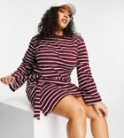Asos Design Curve Oversized Long Sleeve T-shirt Dress With Belt In Burgundy And White Stripe-red