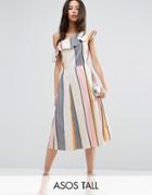 Asos Tall One Shoulder Frill Detail Sundress In Natural Fibre - Multi