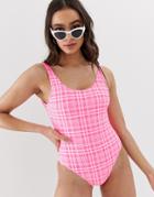 New Look Scoop Back Swimsuit In Pink Check - Pink