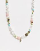 Asos Design Bead Necklace With Dice And Happy Face Charm In Pastel Colors-gold