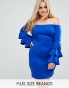 Club L Plus Bardot Mini Dress With Exaggerated Layered Sleeve Detail - Blue