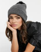 Boardmans Ribbed Knitted Hat With Metallic Yarn And Faux Fur Pom In Gray-grey