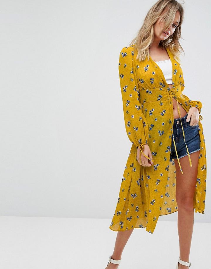 New Look Printed Lace Front Cover Up - Yellow