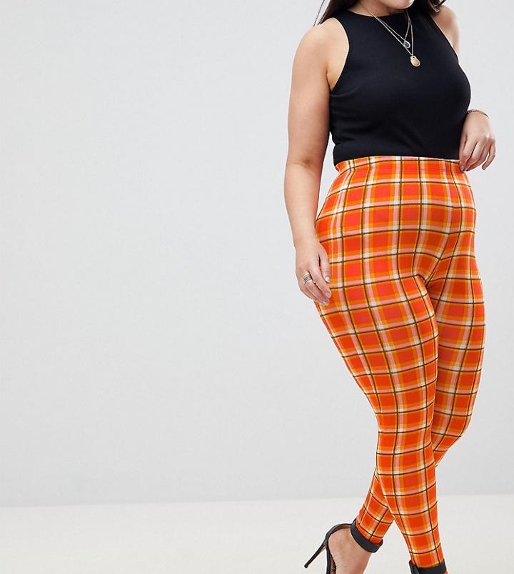Asos Design Curve Leggings In Check Print - Orange