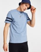 Asos Design T-shirt In Blue With Contrast Sleeve Stripe-blues