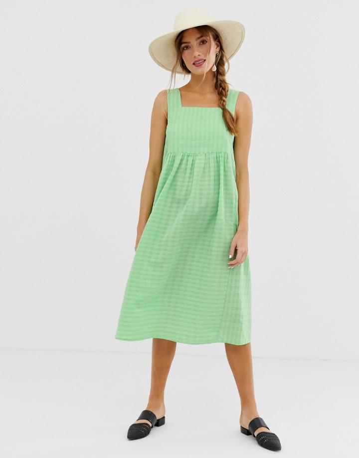 Asos Design Square Neck Textured Midi Smock Sundress-green