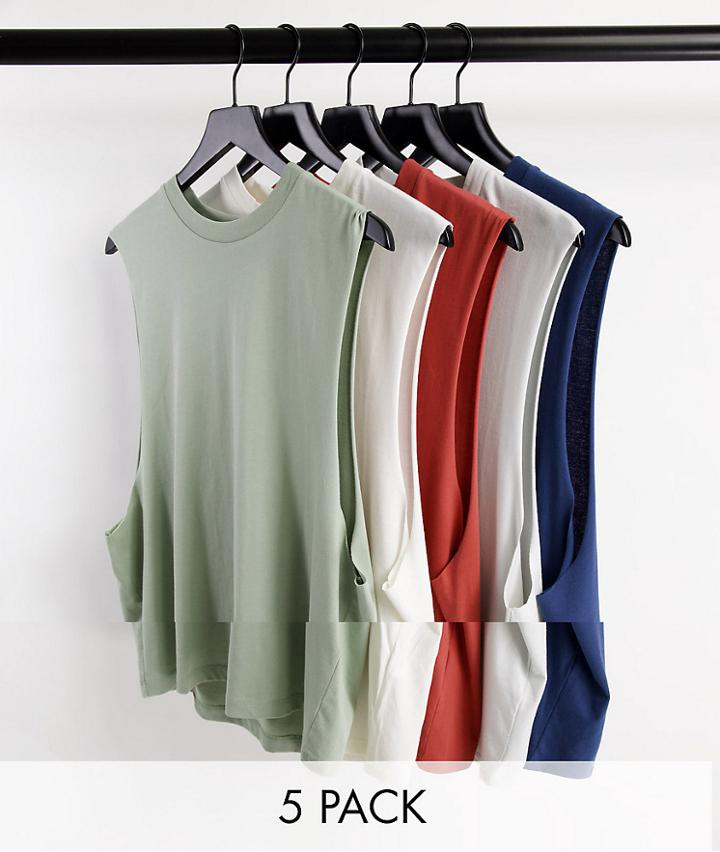 Asos Design 5 Pack Relaxed Organic Tank With Dropped Armhole-multi