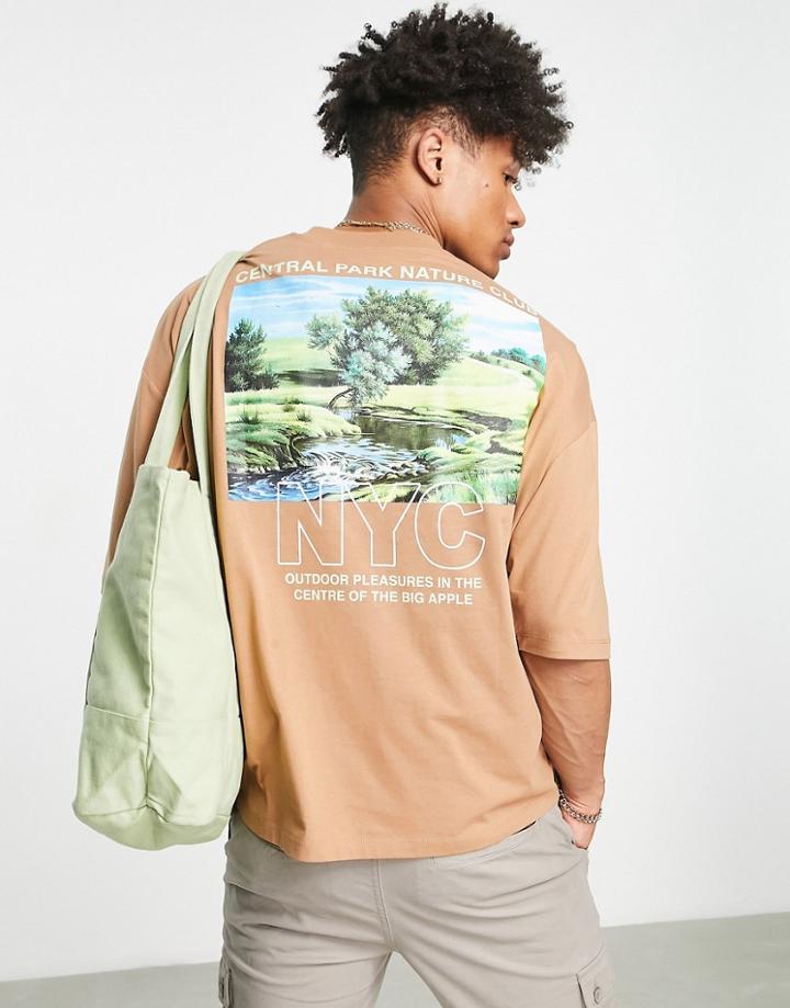 Asos Design Oversized T-shirt In Brown With Photographic Scene Front & Back Print