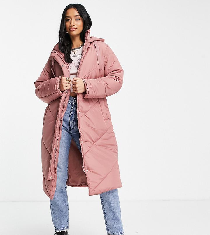 Violet Romance Petite Longline Puffer Coat In Dusky Pink