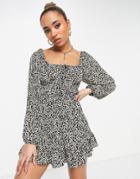Asos Design Tie Front Long Sleeve Mini Tea Dress In Animal Print-multi