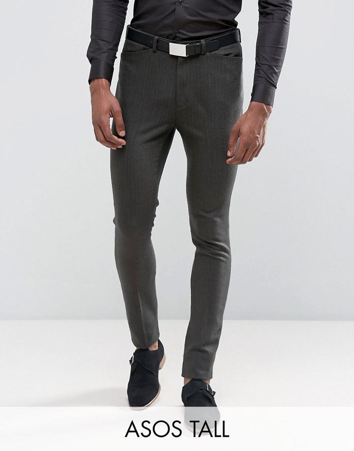 Asos Tall Skinny Suit Pants In Herringbone Green Wool Blend - Green