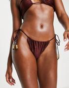 Asos Design Tie Side Beaded Slinky Bikini Bottom In Brown
