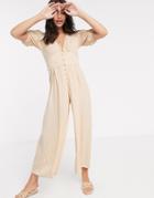 Asos Design Crinkle Tea Jumpsuit With Puff Sleeve In Stone-multi