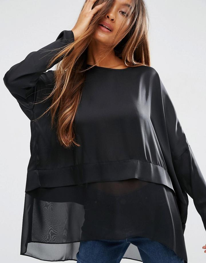 Asos Oversized Top In Satin With Sheer Hem - Black