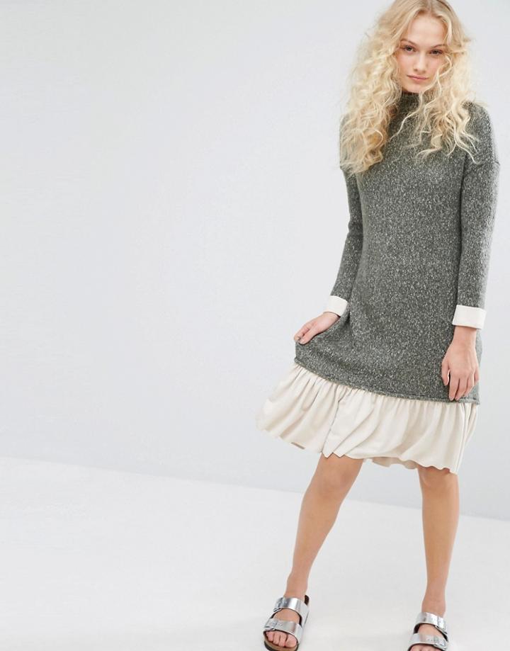 I Love Friday High Neck Knit Dress With Contrast Hem - Green
