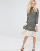 I Love Friday High Neck Knit Dress With Contrast Hem - Green