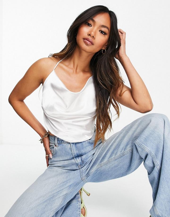 Asos Design 90s Satin Scarf Double Tie Halter In Ivory-white