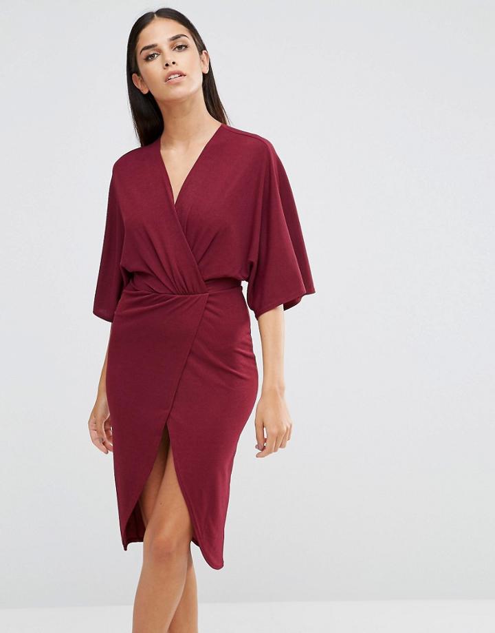 Club L Wrap Front Crepe Kimono Detail Dress - Purple