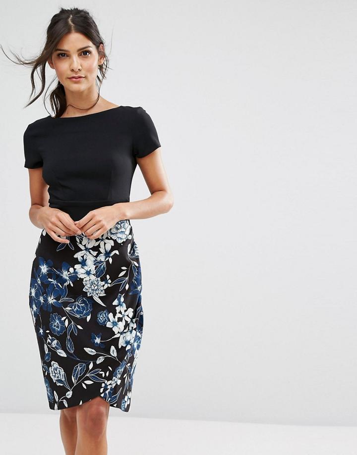 Closet London Square Neck Pencil Dress With Floral Skirt - Black