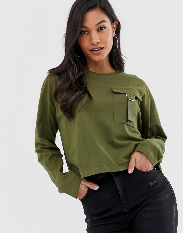 Asos Design T-shirt With Utility Pocket With Long Sleeves - Green