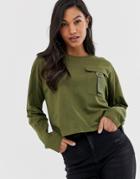 Asos Design T-shirt With Utility Pocket With Long Sleeves - Green