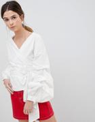 Qed London Exaggerated Sleeve Wrap Top - White