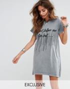 Sacred Hawk Festival T-shirt Dress With Embroidered Slogan And Loose Thread Detail - Gray