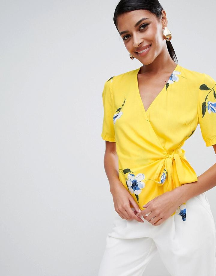 Warehouse Floral Print Wrap Top In Yellow - Multi