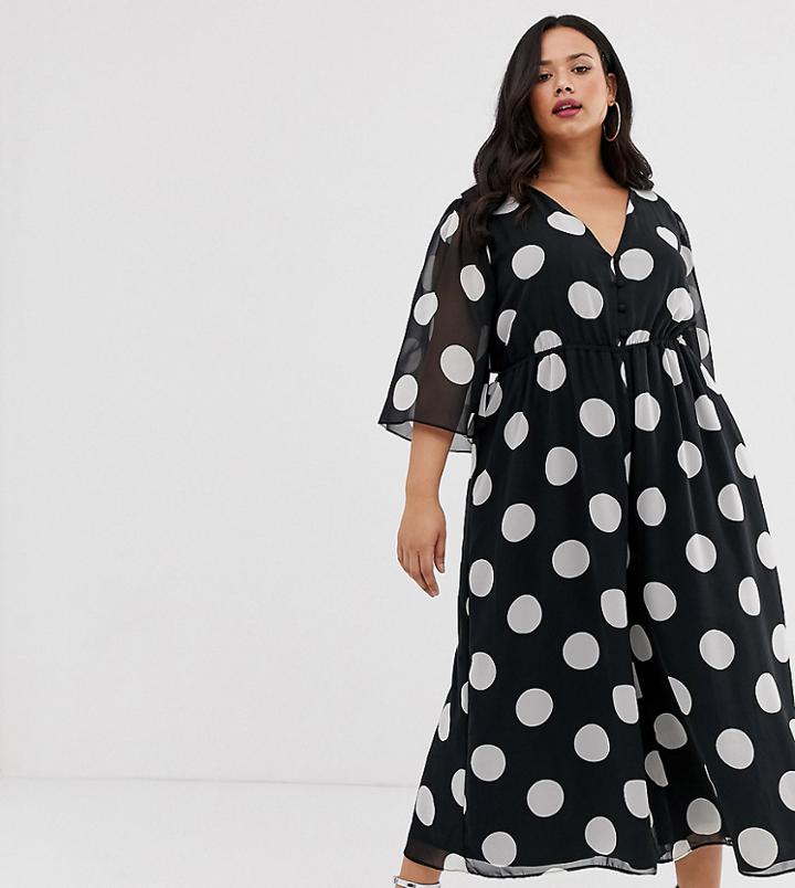 Asos Design Curve Button Front Waisted Open Back Jumpsuit In Soft Polka Dot-multi