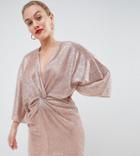 Flounce London Petite Wrap Front Kimono Mini Dress In Rose Gold Metallic - Gold