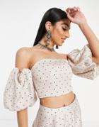 Asos Design Lehenga Bandeau Crop Top With Puff Sleeve In Spot Print-multi