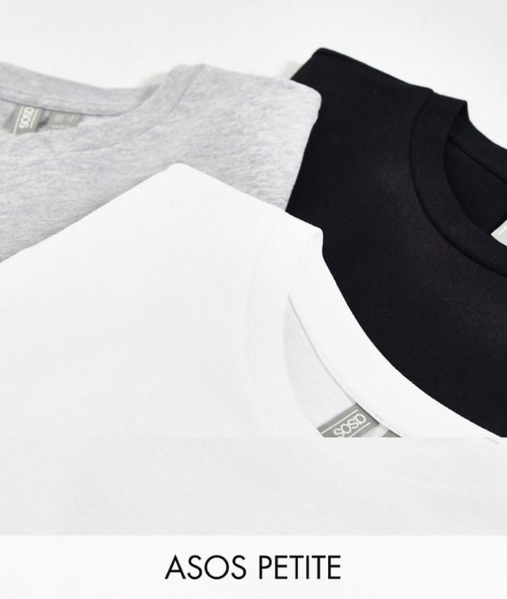 Asos Design Petite Ultimate Organic Cotton T-shirt With Crew Neck 3 Pack Save In Black, White & Heather Gray-multi