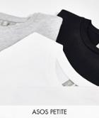 Asos Design Petite Ultimate Organic Cotton T-shirt With Crew Neck 3 Pack Save In Black, White & Heather Gray-multi