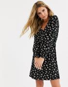 New Look Balloon Sleeve Mini Dress In Black Ditsy Floral
