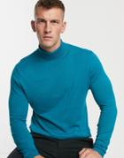 Asos Design Cotton Roll Neck Sweater In Neon Blue - Blue