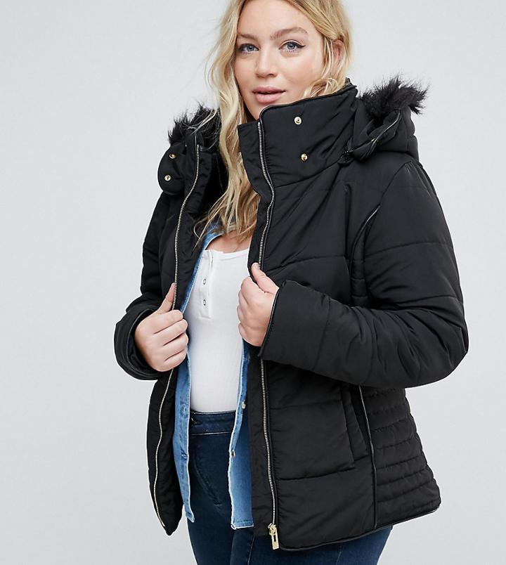 Brave Soul Plus Short Zip Fitted Coat - Black