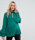 Asos Maternity Cut Out Neck Flared Sleeve Blouse - Green