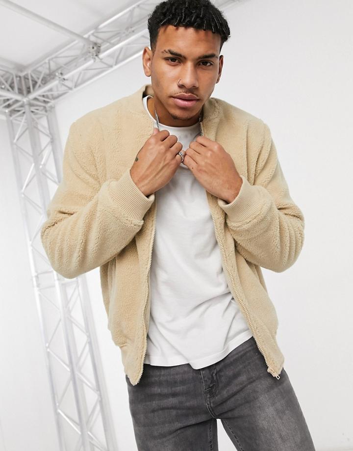 New Look Borg Bomber Jacket In Stone-neutral