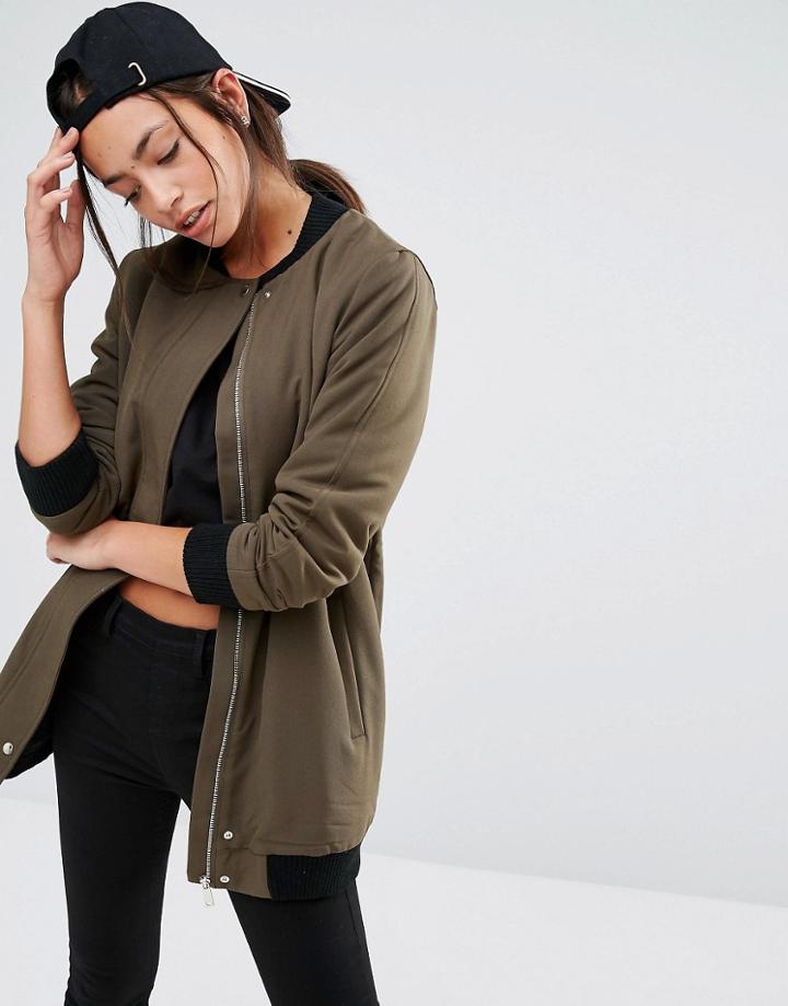 New Look Fleece Lined Longline Bomber - Green